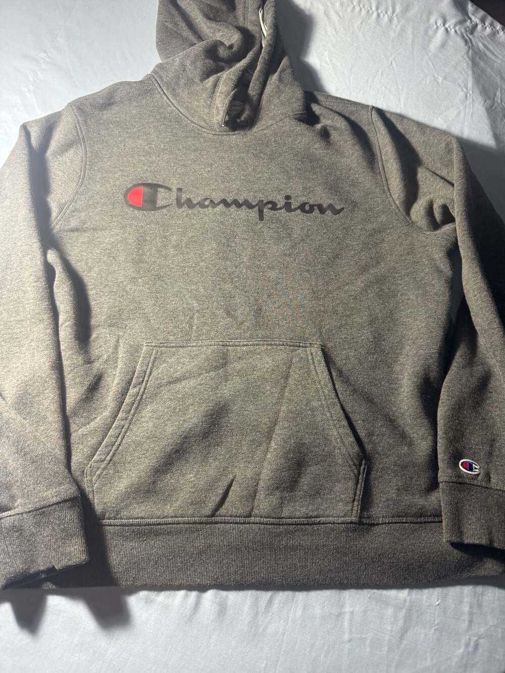 Champion Powerblend Hoodie Size XL Heather Gray Script
